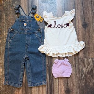 Carhartt overalls bundle with an embroidered top and knit hat size 12 months